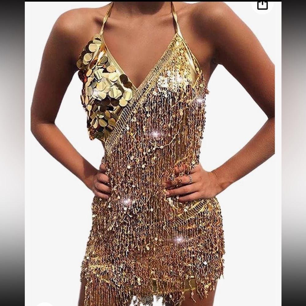 Barode sequins and fringe gold mini dress!!